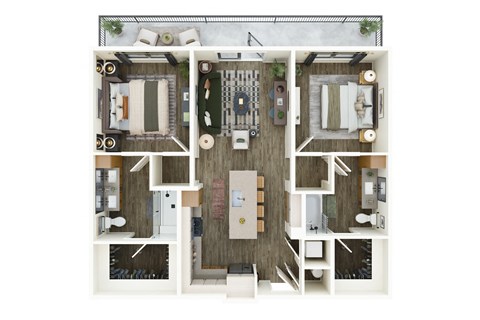 A top-down view of a house interior with a kitchen, living room, and bedrooms.